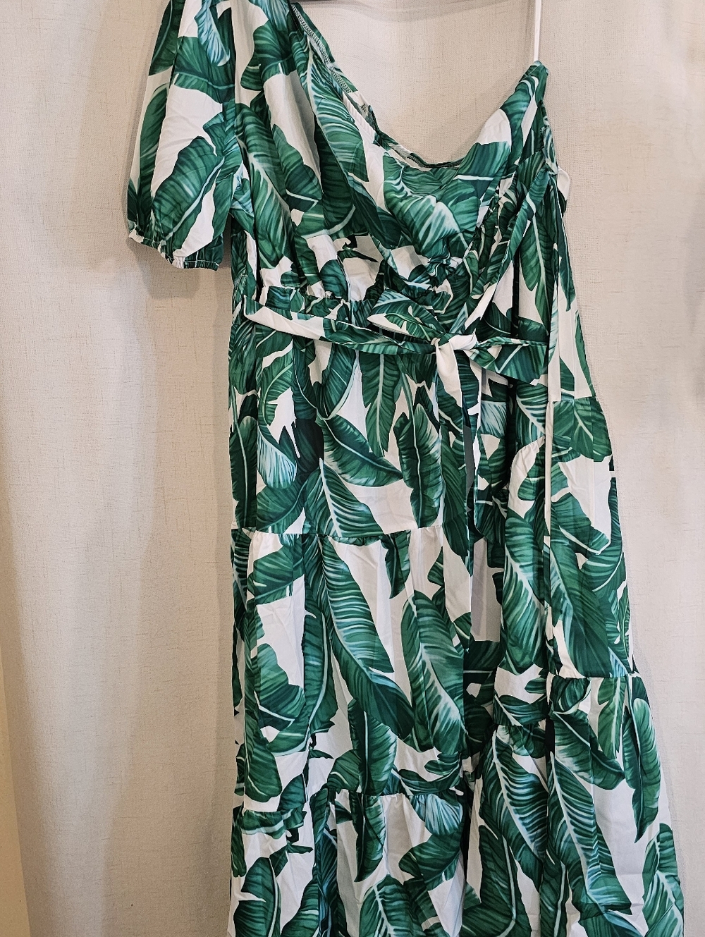 SHEIN Plus Size Green and White Asymmetrical Leaf Print Dress